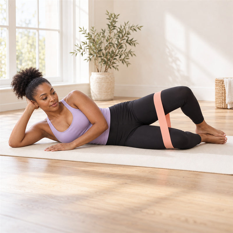 Side-lying clamshell with a soft peach loop band above the knees