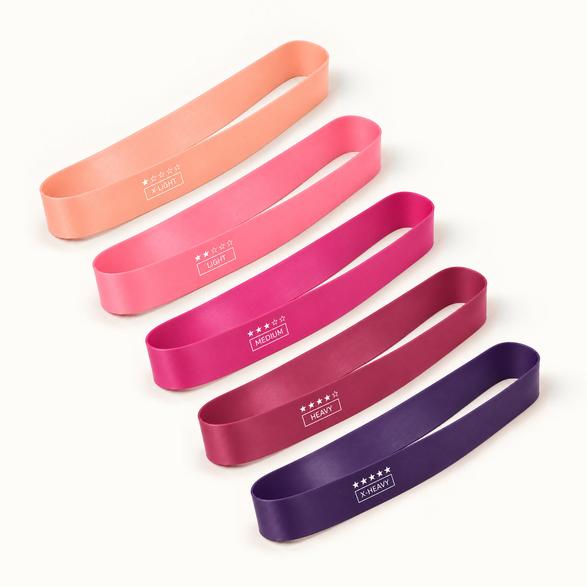 Mova resistance bands in all five colors: Tender pink, Pink, Rose red, Deep rose and Purple